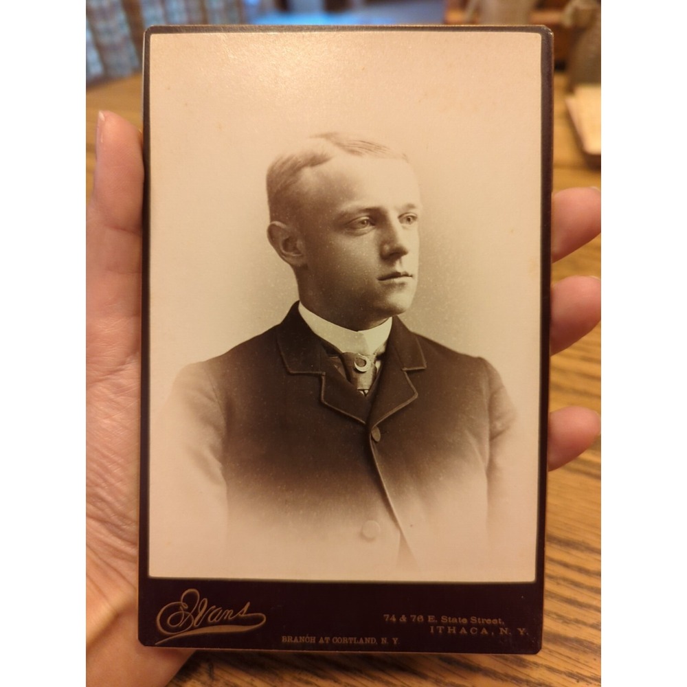 Antique Cabinet Card Man Photo Victorian Portrait Ithaca New York Evans Studio